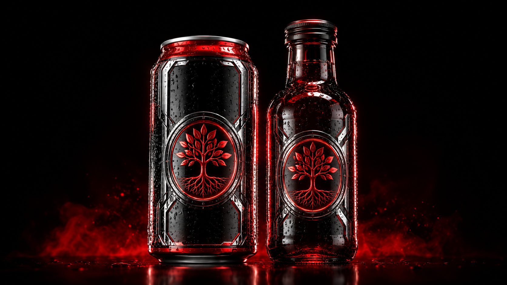 LEAVESNUTS — a black can and glass bottle, each bearing a red tree emblem with leaves above and roots below, lit in red.